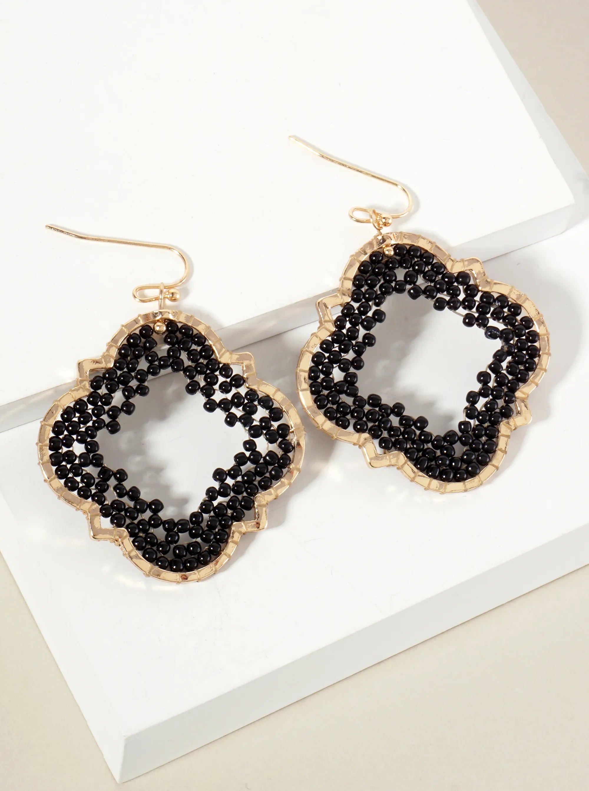 Seed-Beads Thread-Wrapped Quatrefoil Dangle Earrings