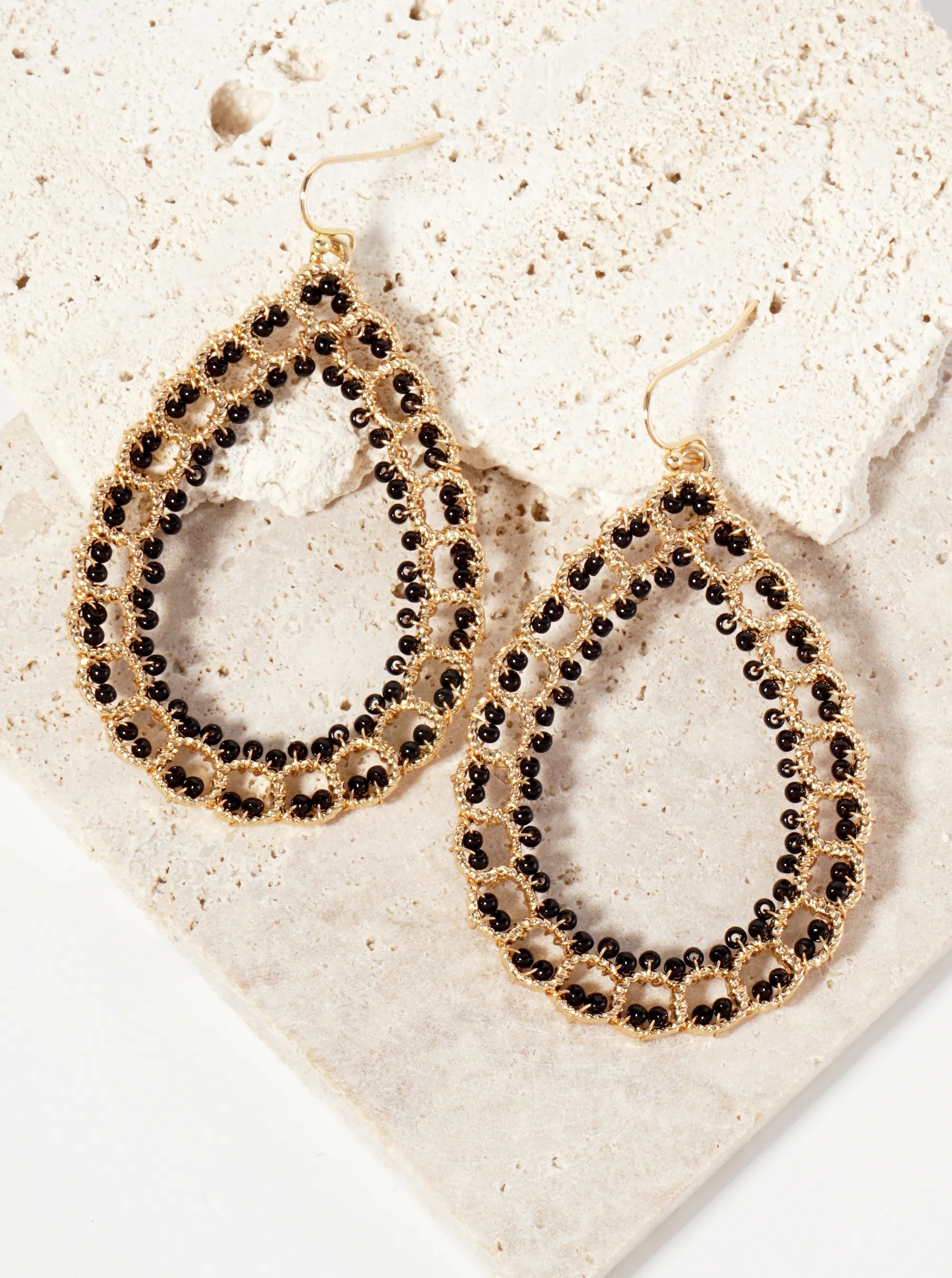 Seed-Beads Wire-Wrapped Teardrop-Shaped Dangle Earrings