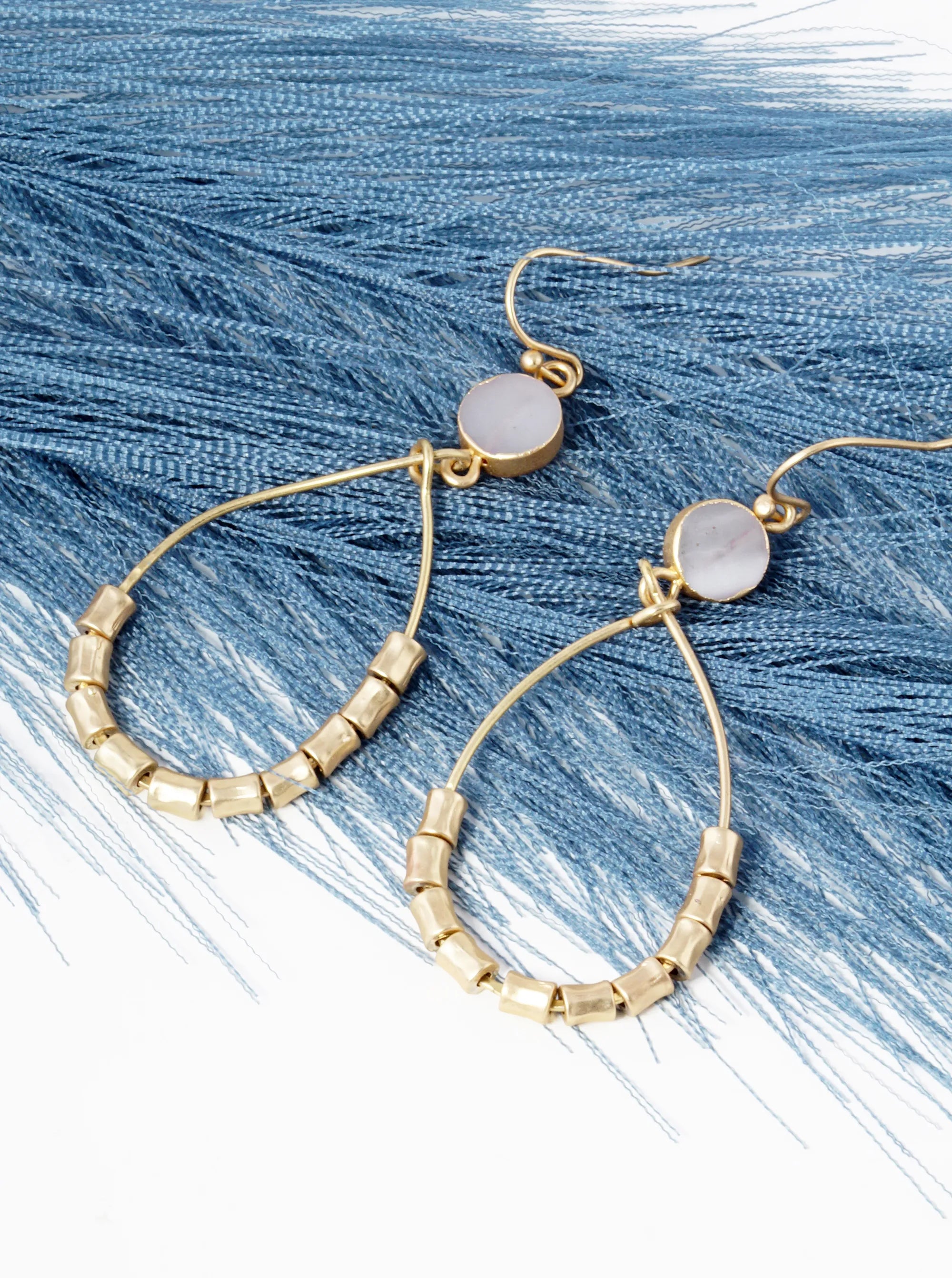 Textured Cylinder Beaded Wire Teardrop Semi-Precious Stone Earrings