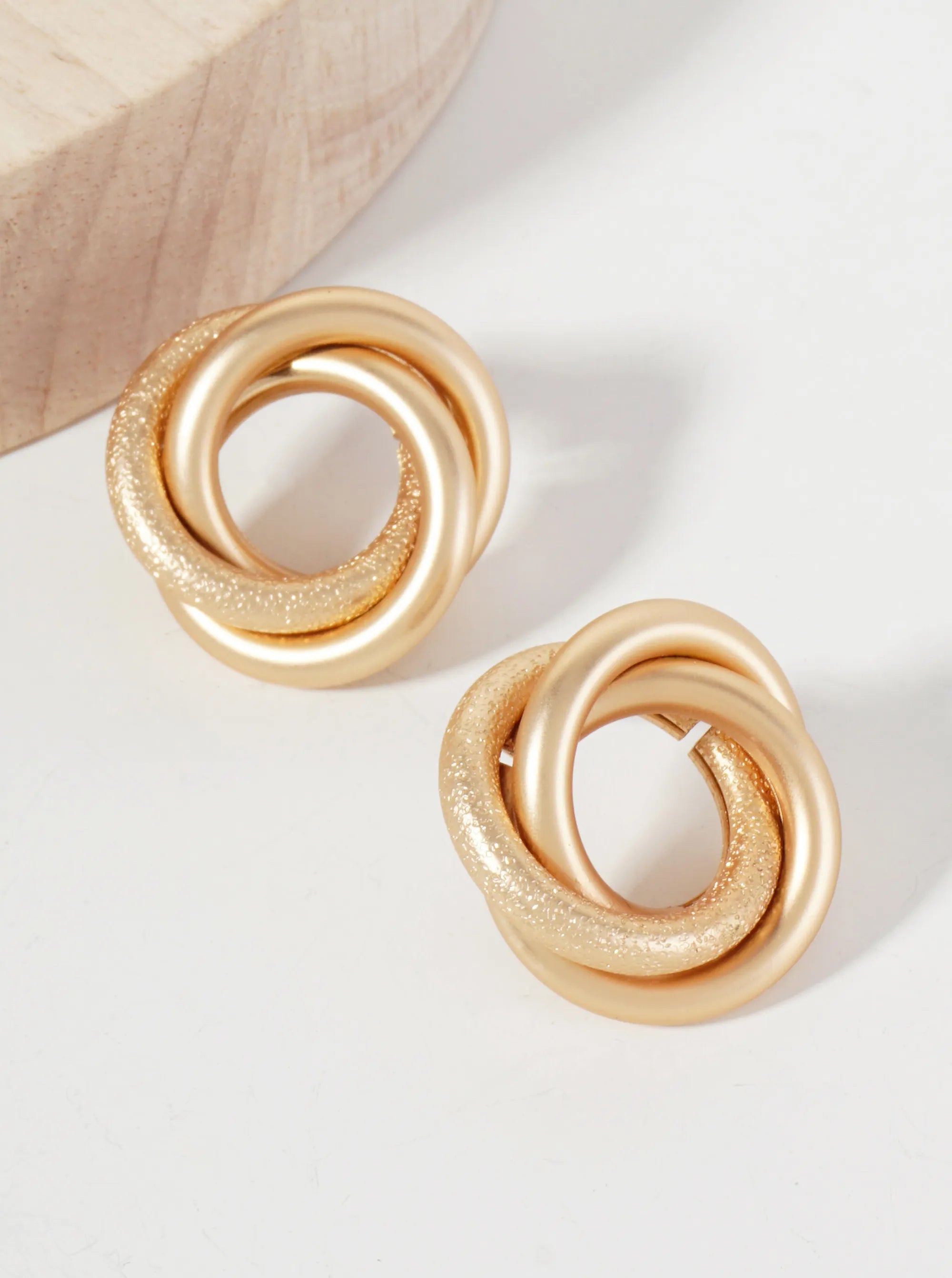 Textured Metal Three Interlocking Circle Post Earrings