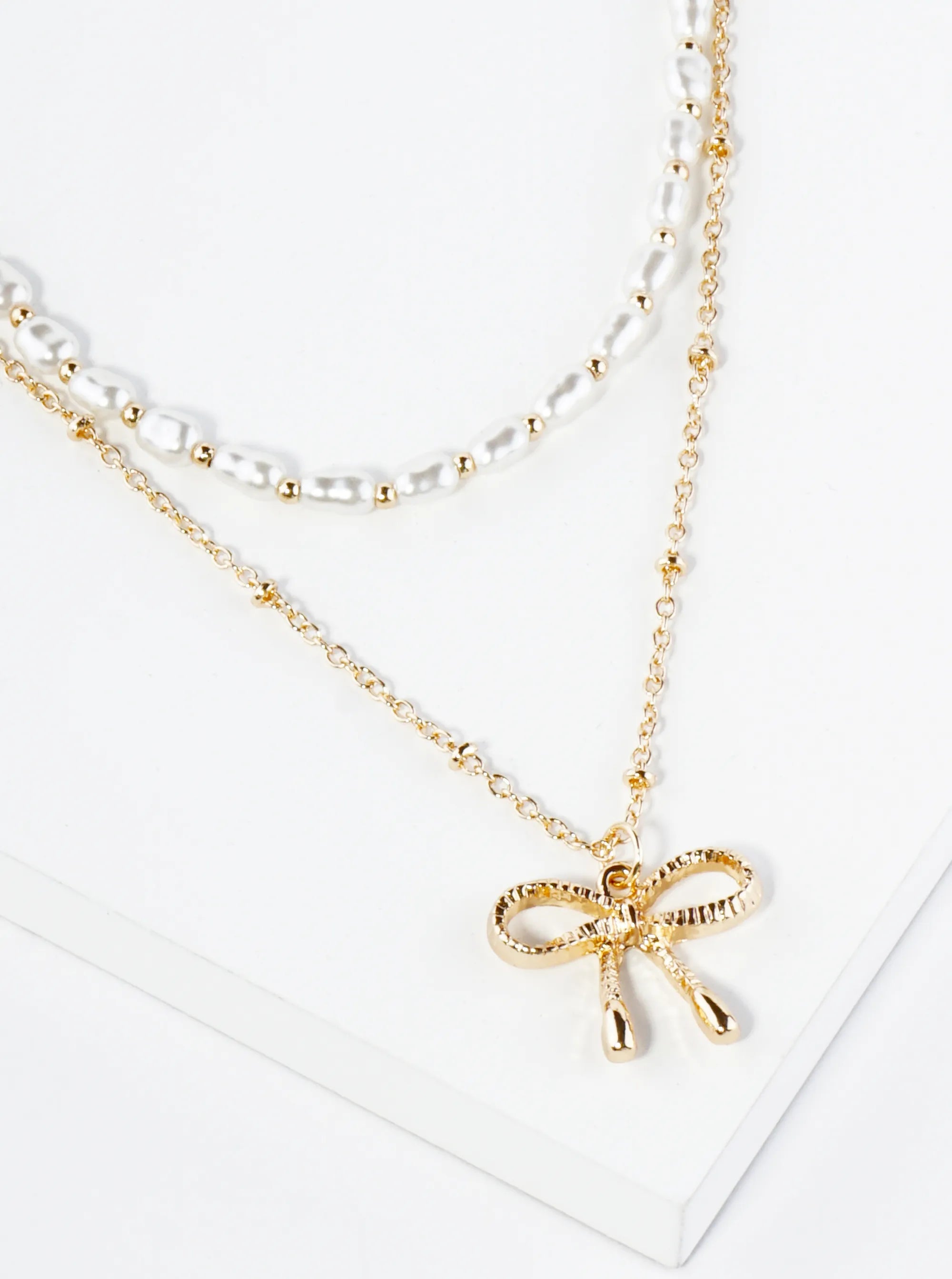 Textured Ribbon Bow Pendant Pearl Beaded Layered Necklace