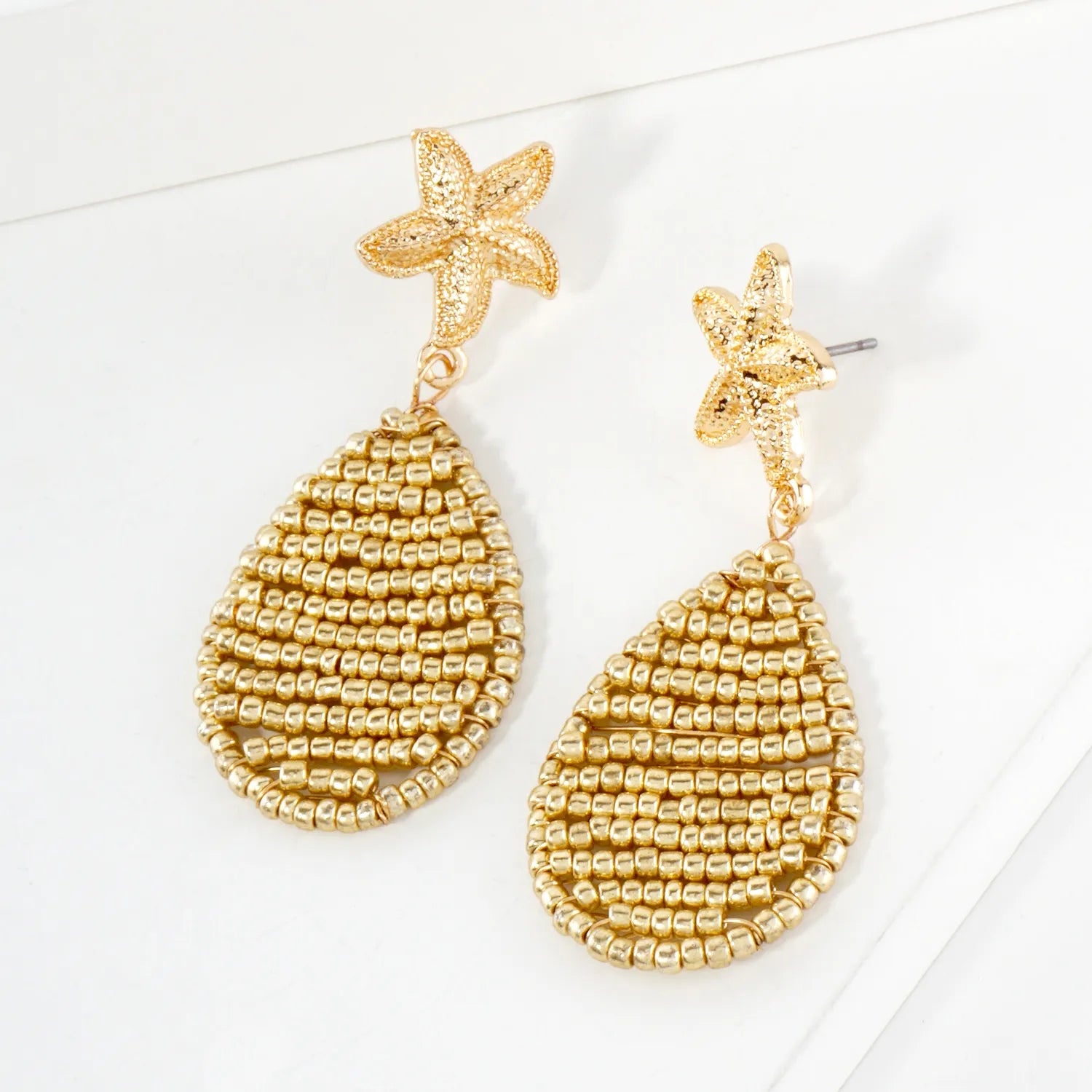 Textured Starfish Post Seed-Beaded Teardrop Drop Sea-Life Dangle Earrings