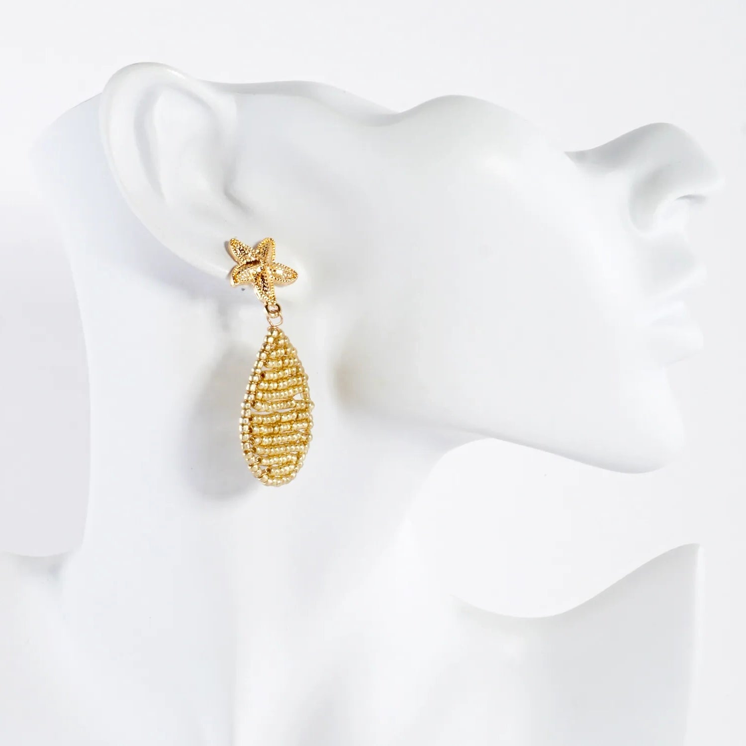 Textured Starfish Post Seed-Beaded Teardrop Drop Sea-Life Dangle Earrings