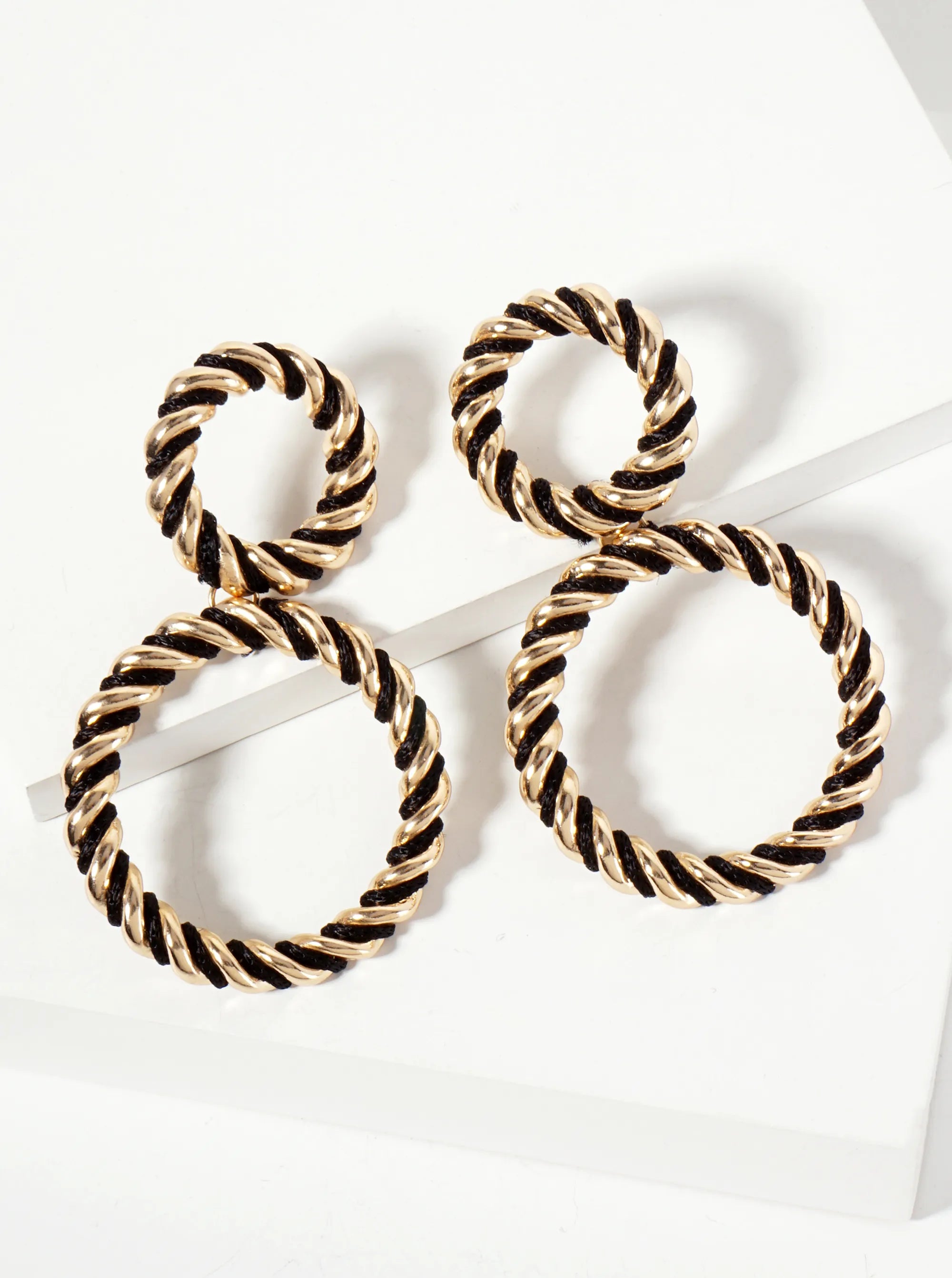 Thread-Wrapped Rope-Texture Double-Circle Drop Statement Earrings