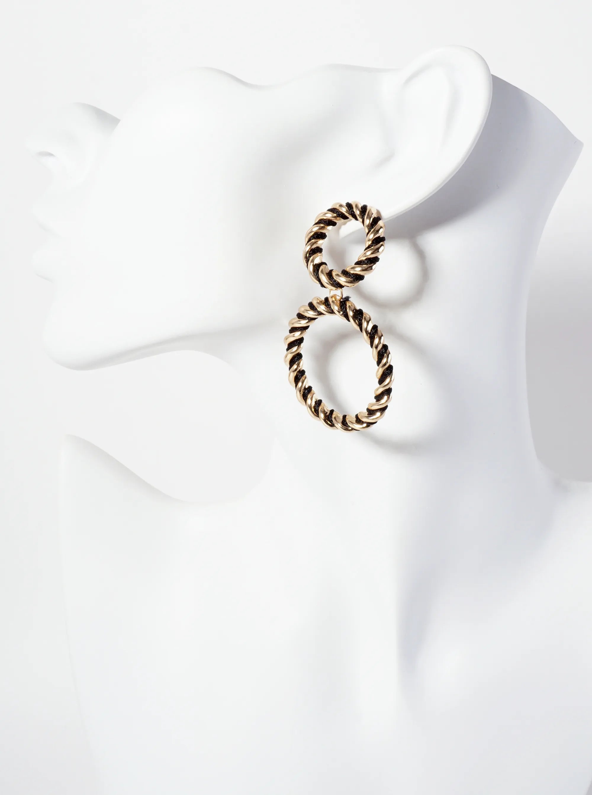 Thread-Wrapped Rope-Texture Double-Circle Drop Statement Earrings