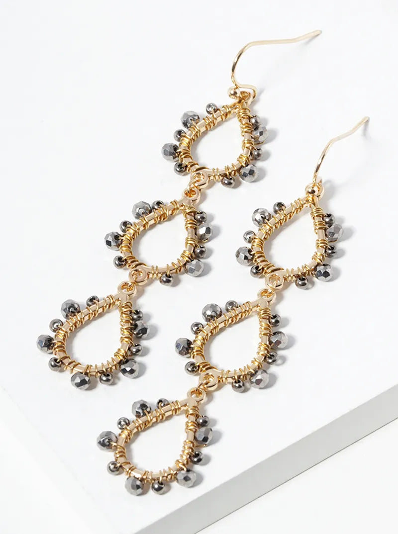 Three Glass Beads Wire Wrapped Teardrops Dangle Drop Earrings