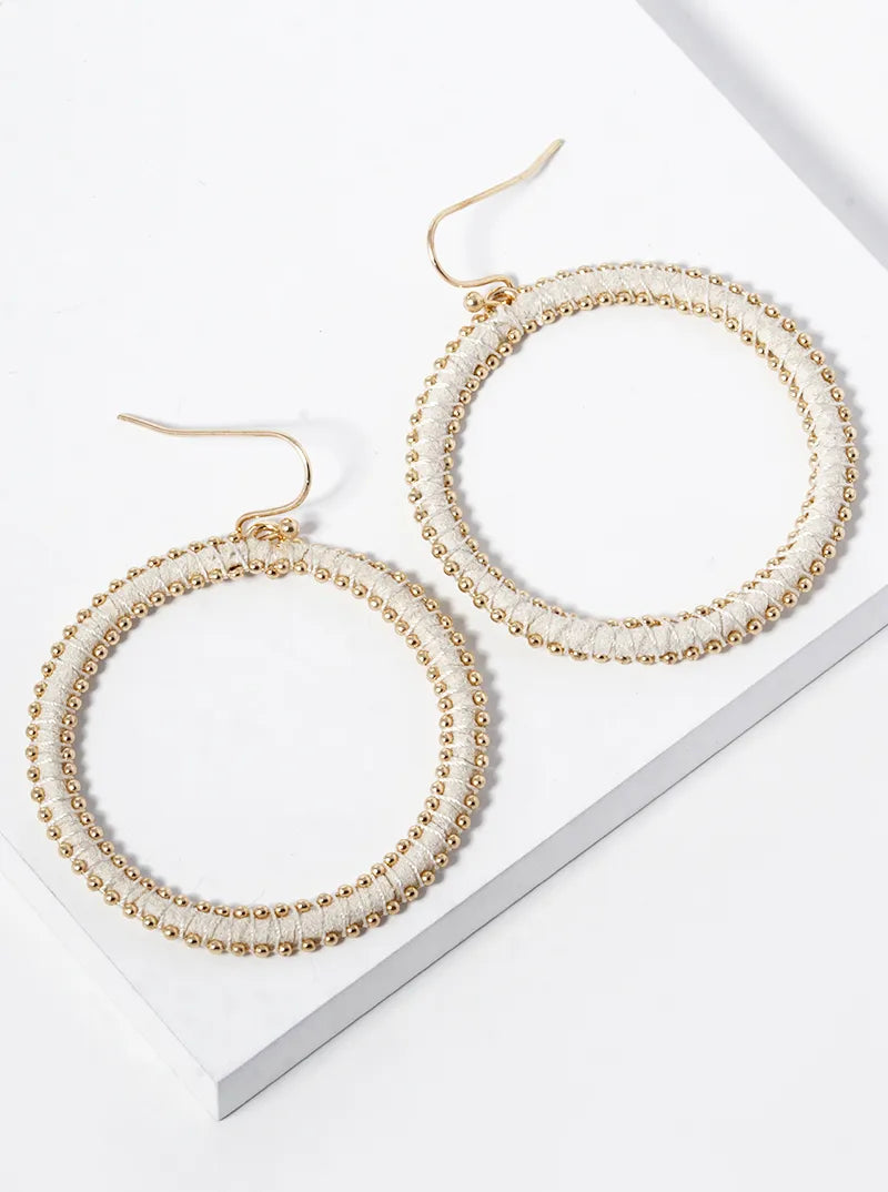 Tiny Metallic Beads Wired Suede Circle Dangle Drop Earrings