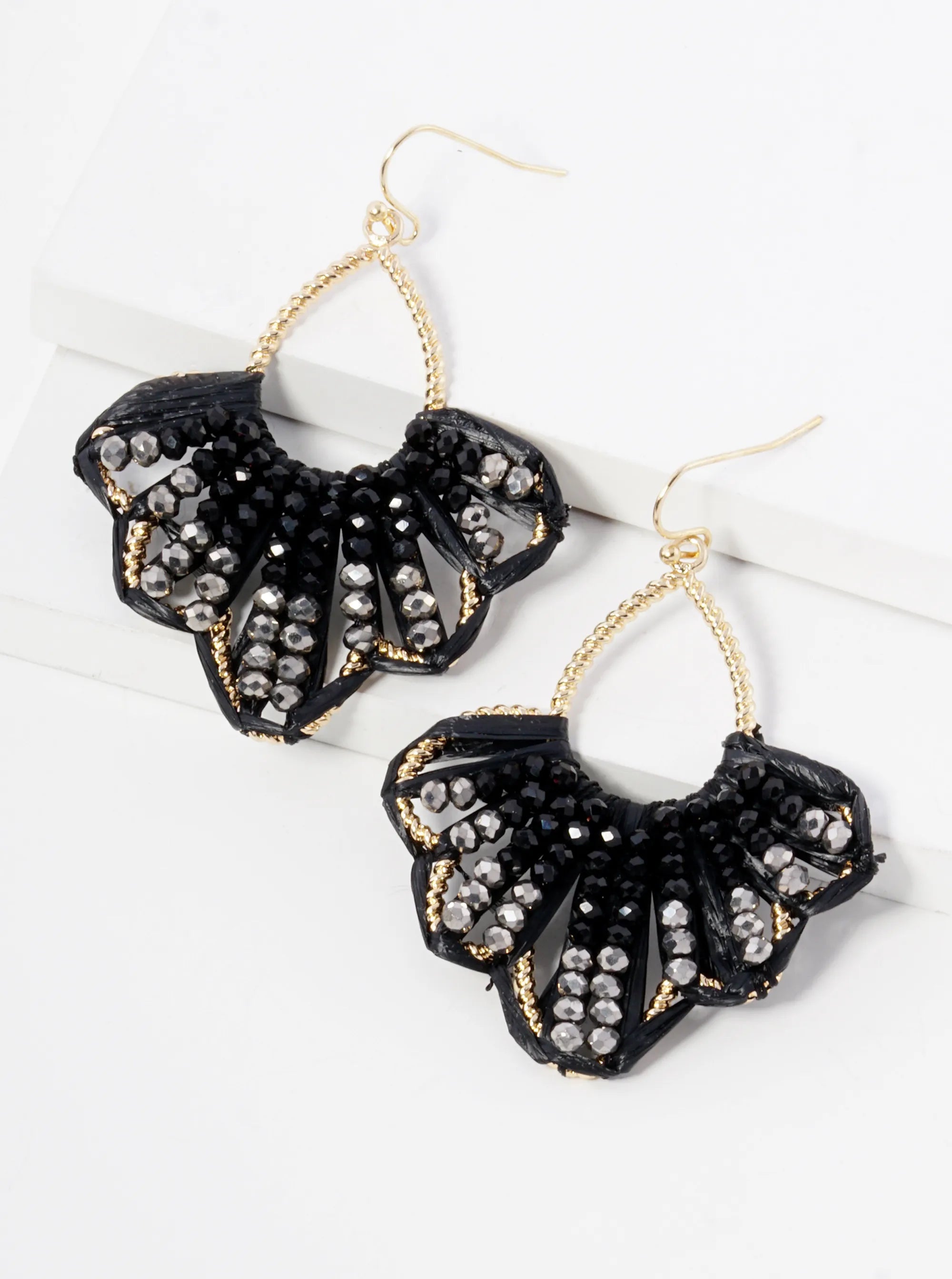 Two-Tone Glass Beaded Raffia Wrapped Dangle Earrings