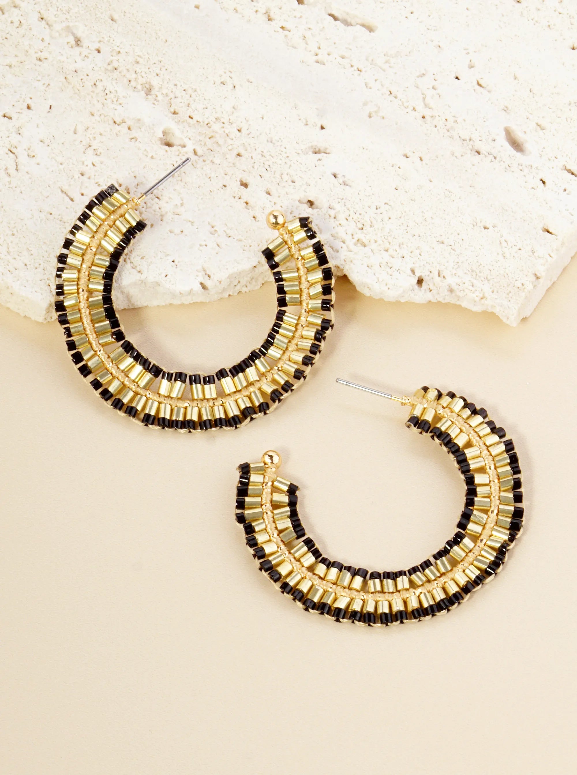 Two-Tone Seed Beaded 40mm Open Hoop Earrings