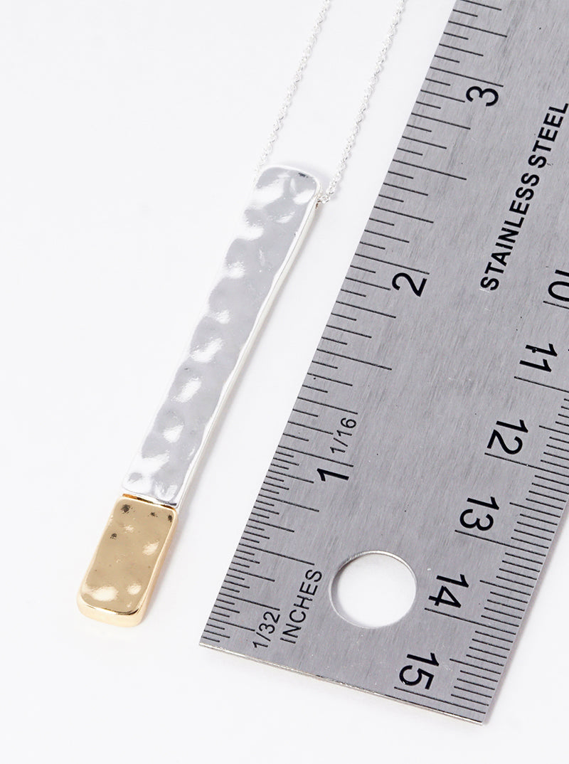 Two Tone Hammered Metal Bar Pendant Long Necklace