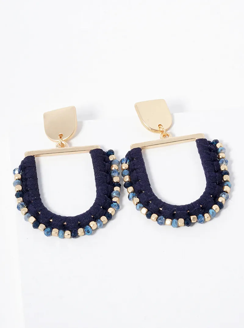 U Shaped Suede Wrapped Beads Dangle Drop Post Earrings