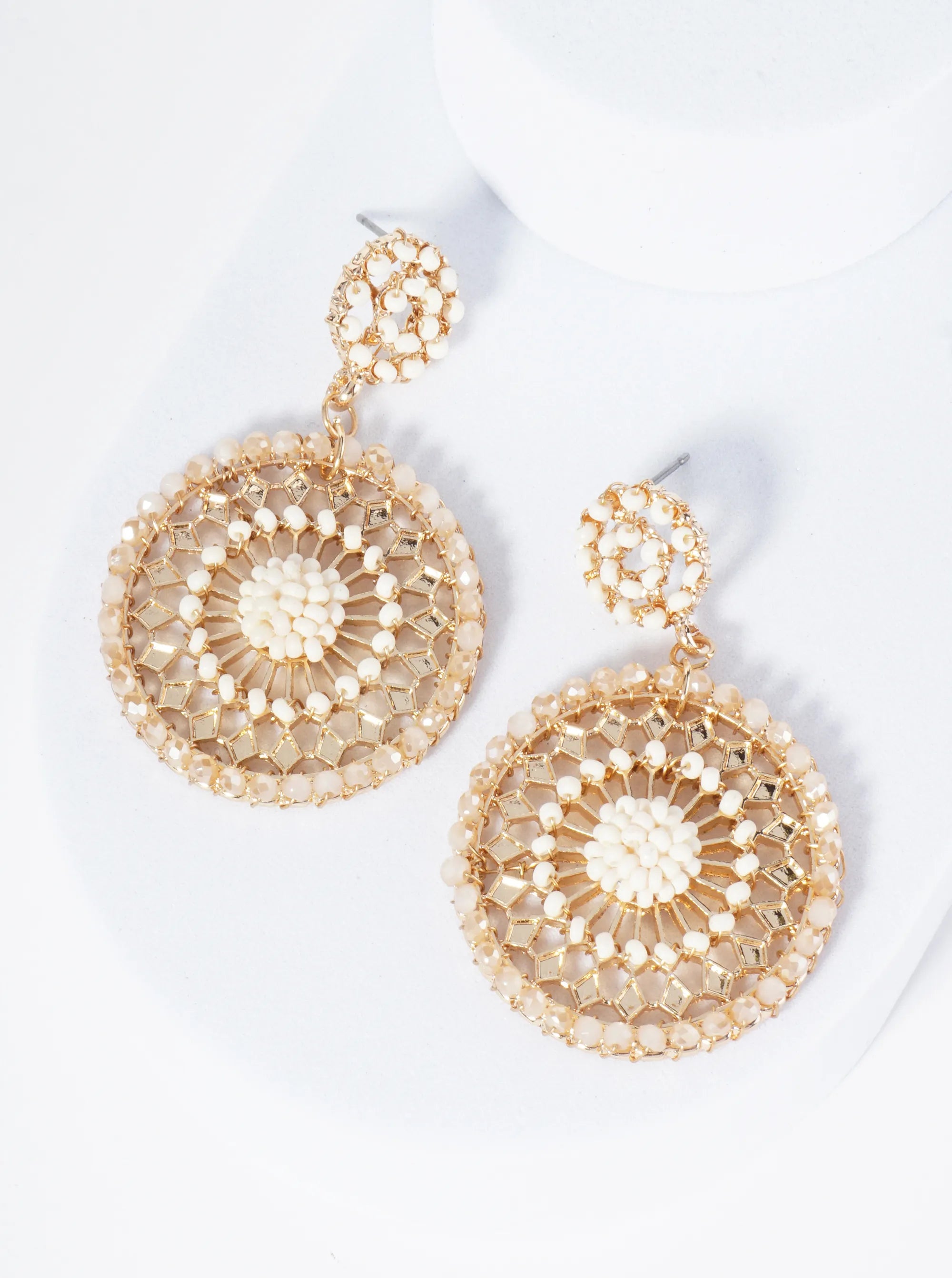 Wire-Wrapped Glass Bead Post Drop Earrings With Intricate Pattern