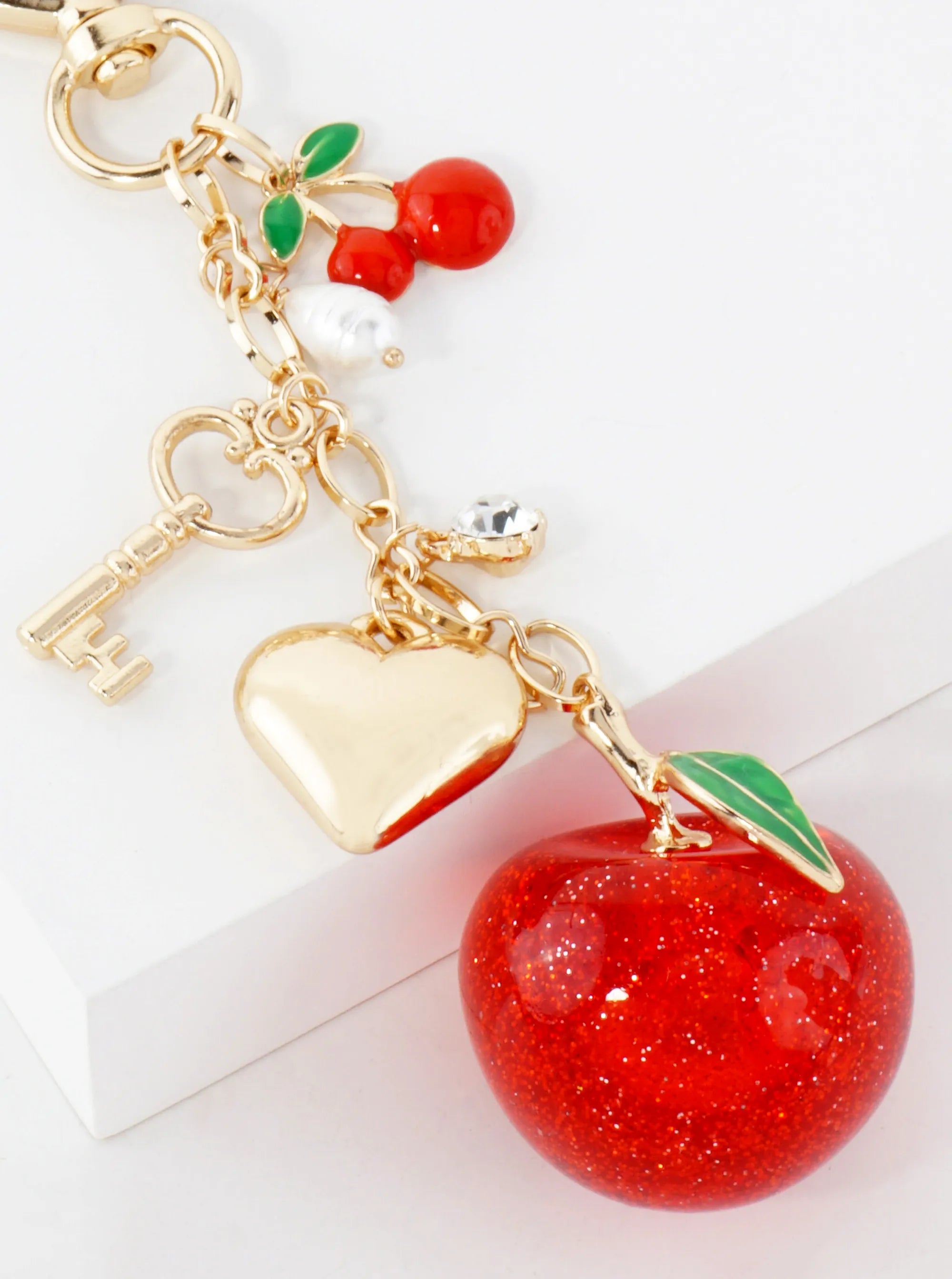 1-inch Sparkling Cherry Drop Pearl Heart Keychain