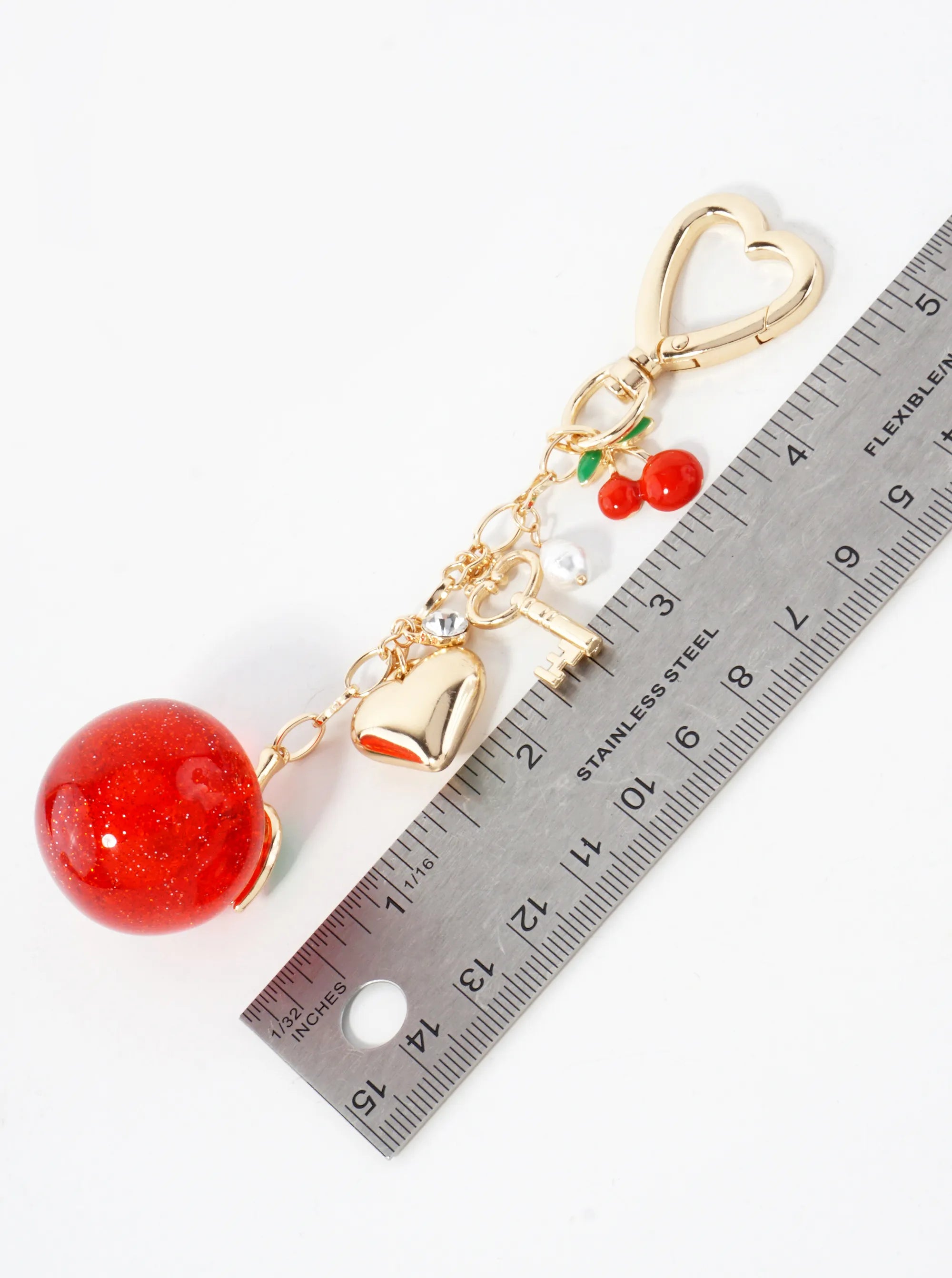 1-inch Sparkling Cherry Drop Pearl Heart Keychain