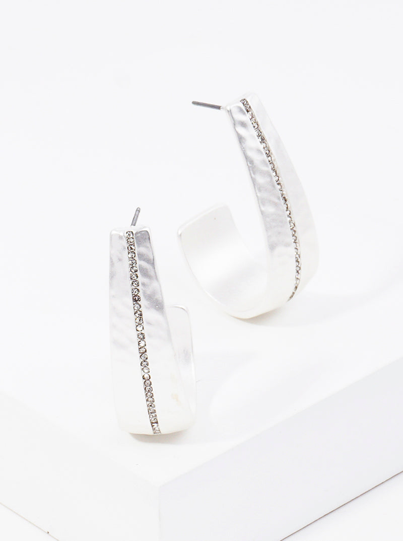 35mm Crystal Pave Hammer Textured Open Hoop Earrings