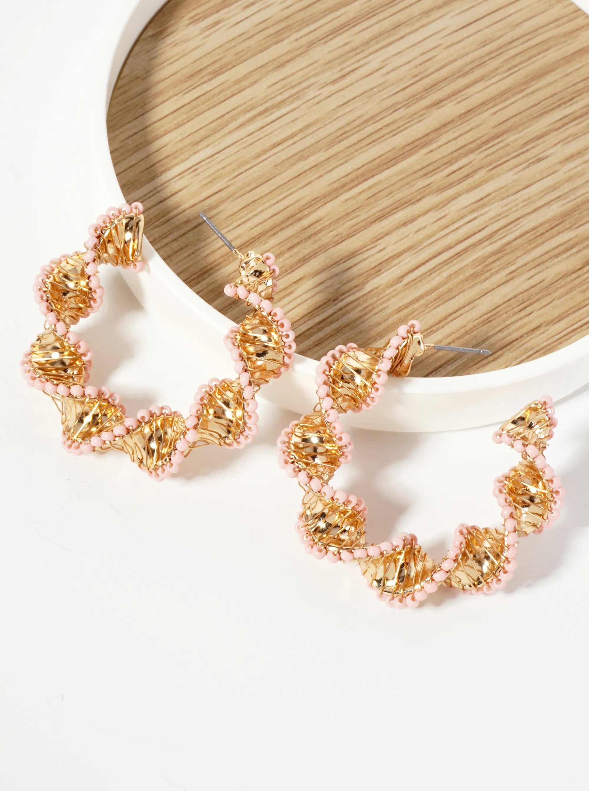 40mm Seed-Bead Wire-Wrapped Twisted Open Hoop Earrings