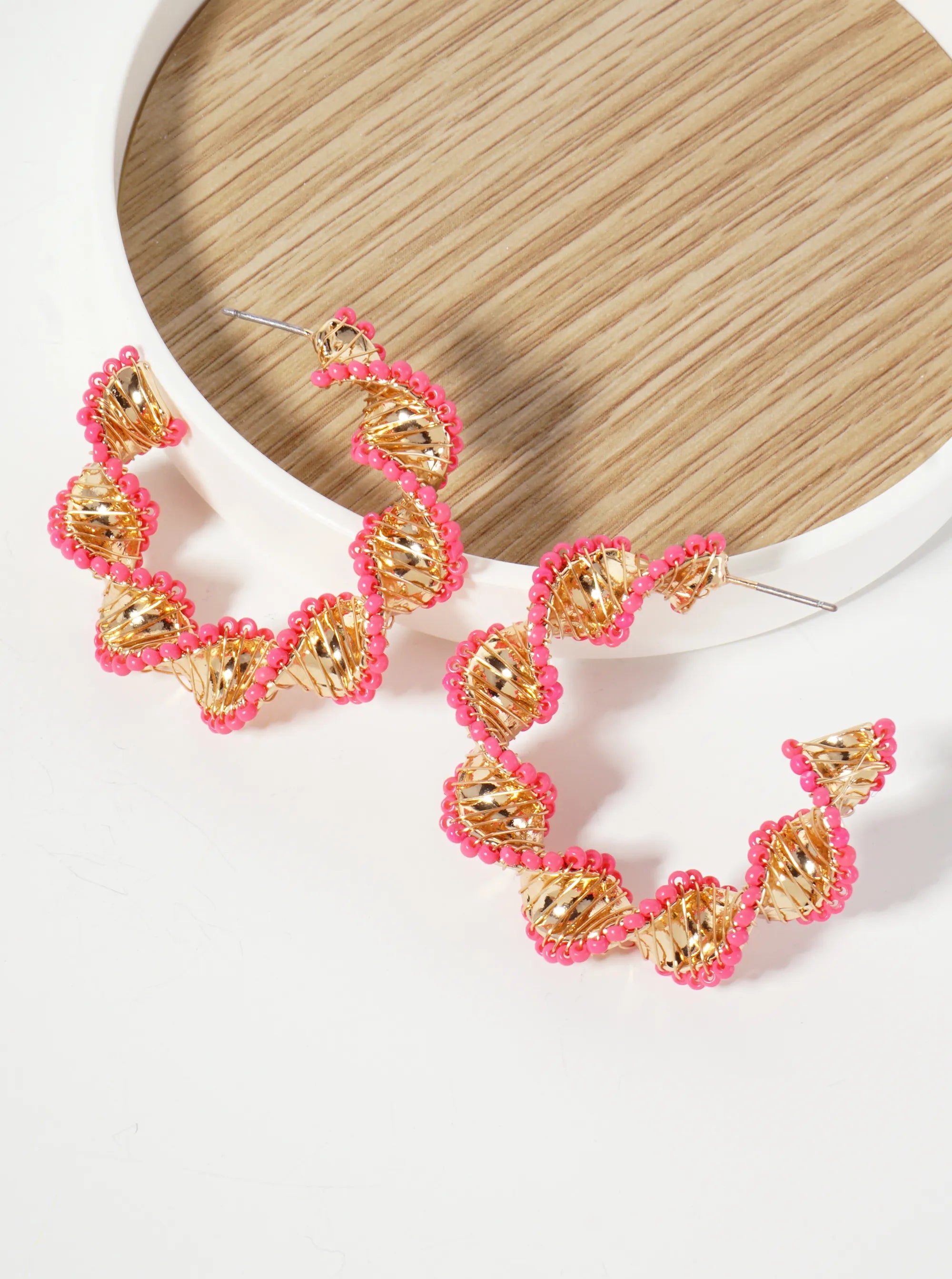 40mm Seed-Bead Wire-Wrapped Twisted Open Hoop Earrings