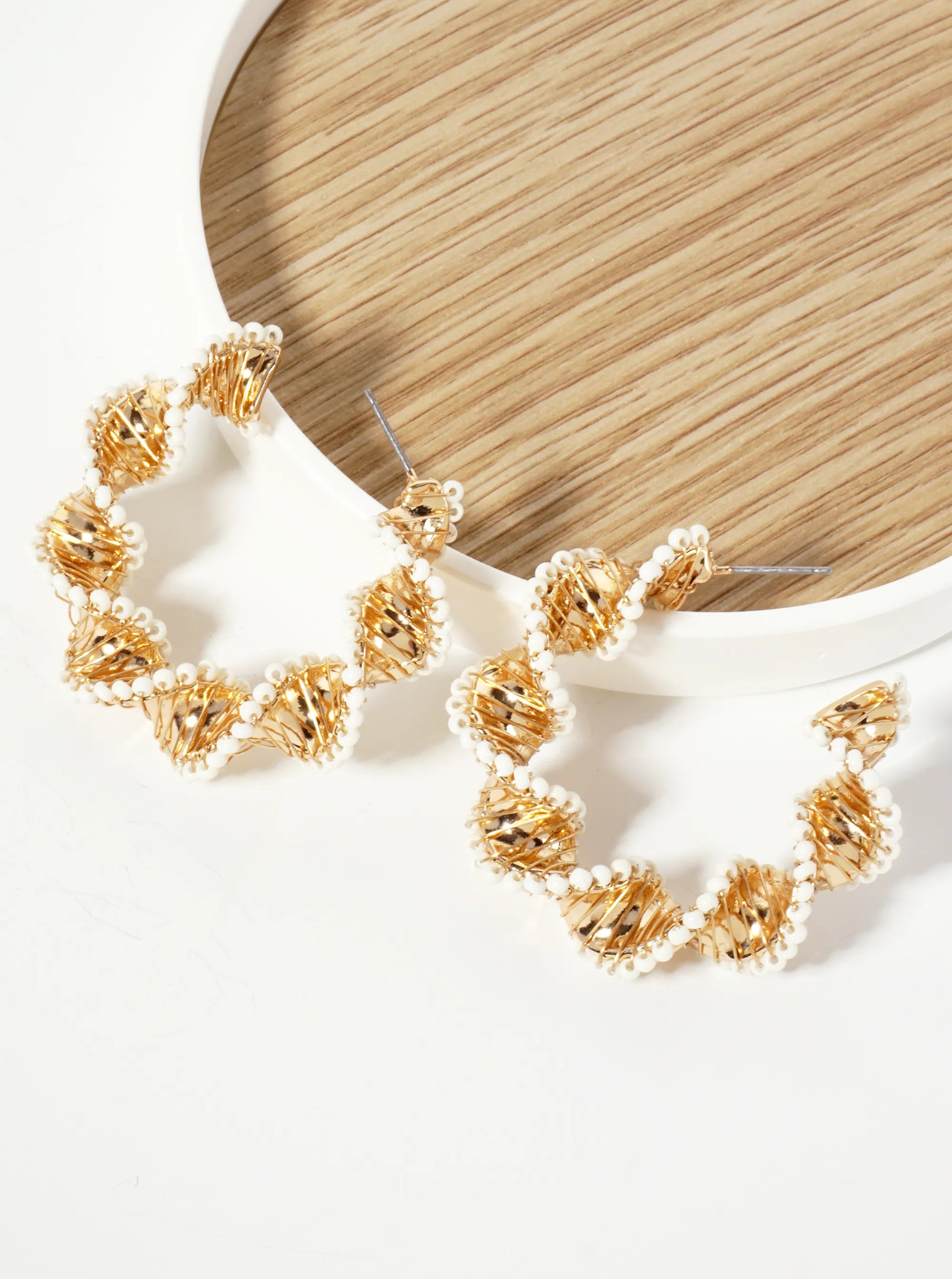 40mm Seed-Bead Wire-Wrapped Twisted Open Hoop Earrings