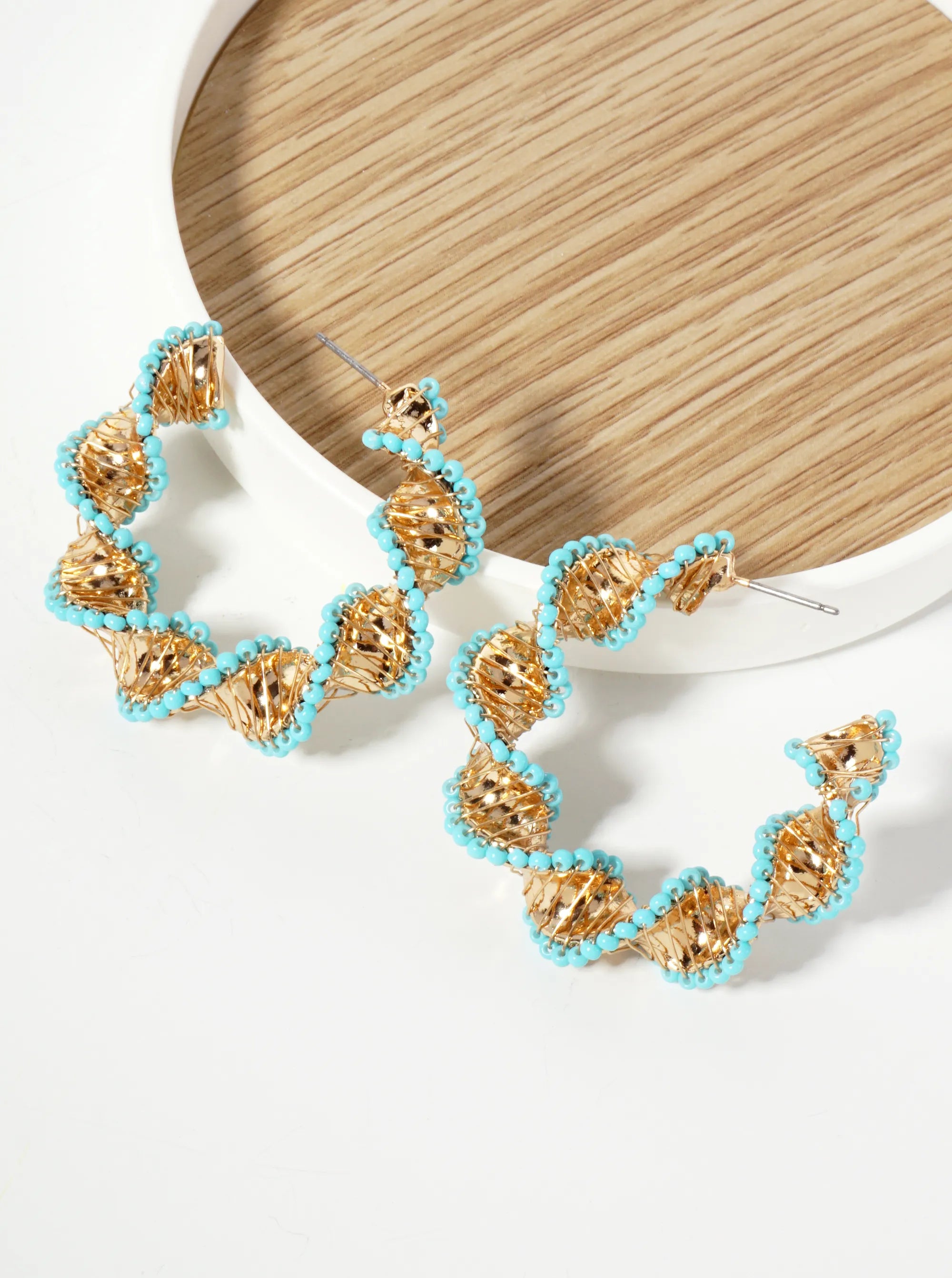 40mm Seed-Bead Wire-Wrapped Twisted Open Hoop Earrings
