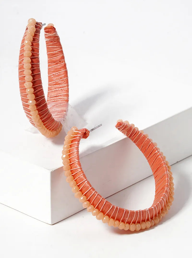 40mm Glass Bead And Raffia Wrapped Open Hoop Earrings