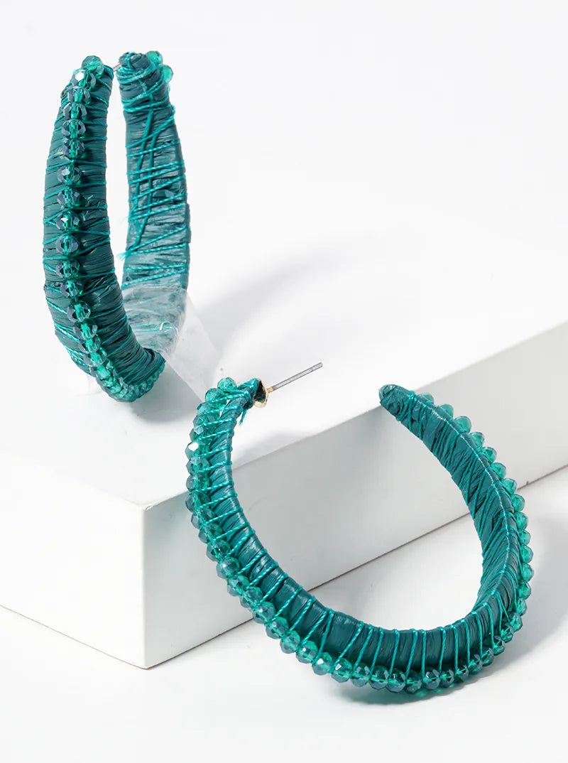 40mm Glass Bead And Raffia Wrapped Open Hoop Earrings
