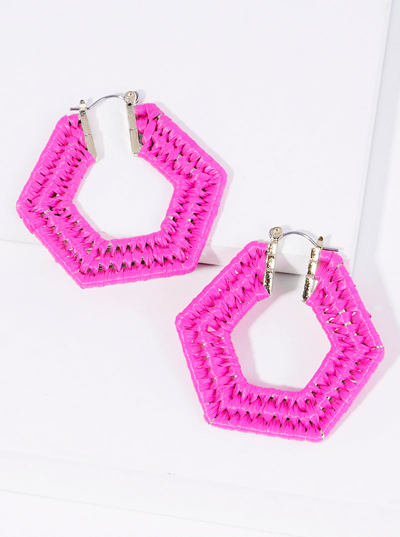 40mm Raffia Wrapped Hexagon Latch Hoop Earrings