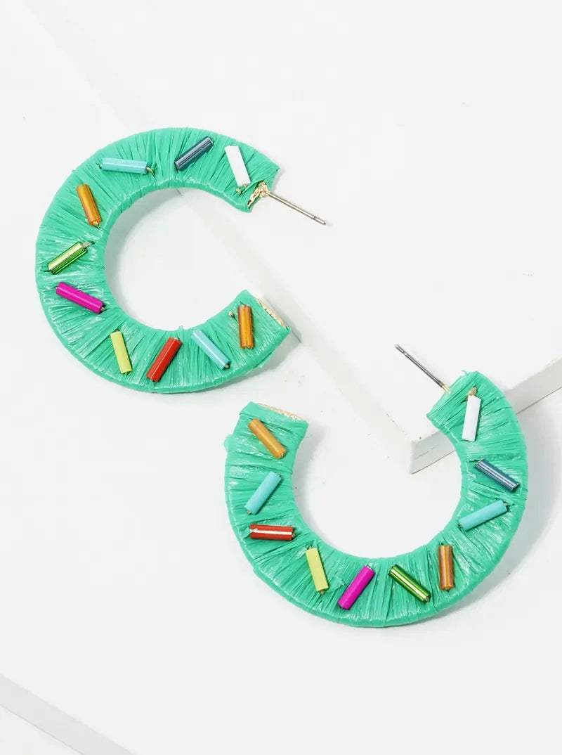 40mm Raffia Wrapped Sprinkle Open Hoop Earrings