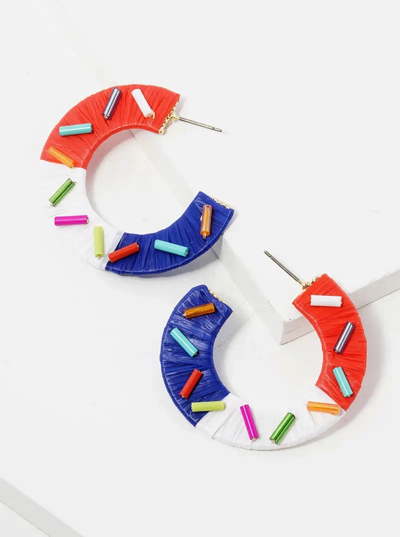 40mm Raffia Wrapped Sprinkle Open Hoop Earrings