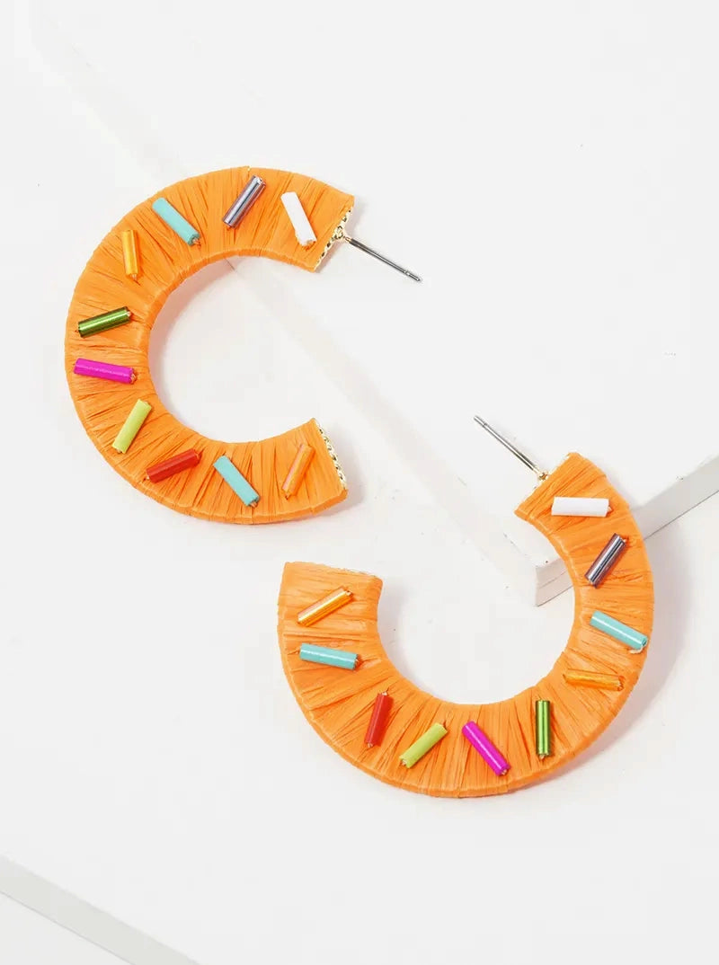 40mm Raffia Wrapped Sprinkle Open Hoop Earrings