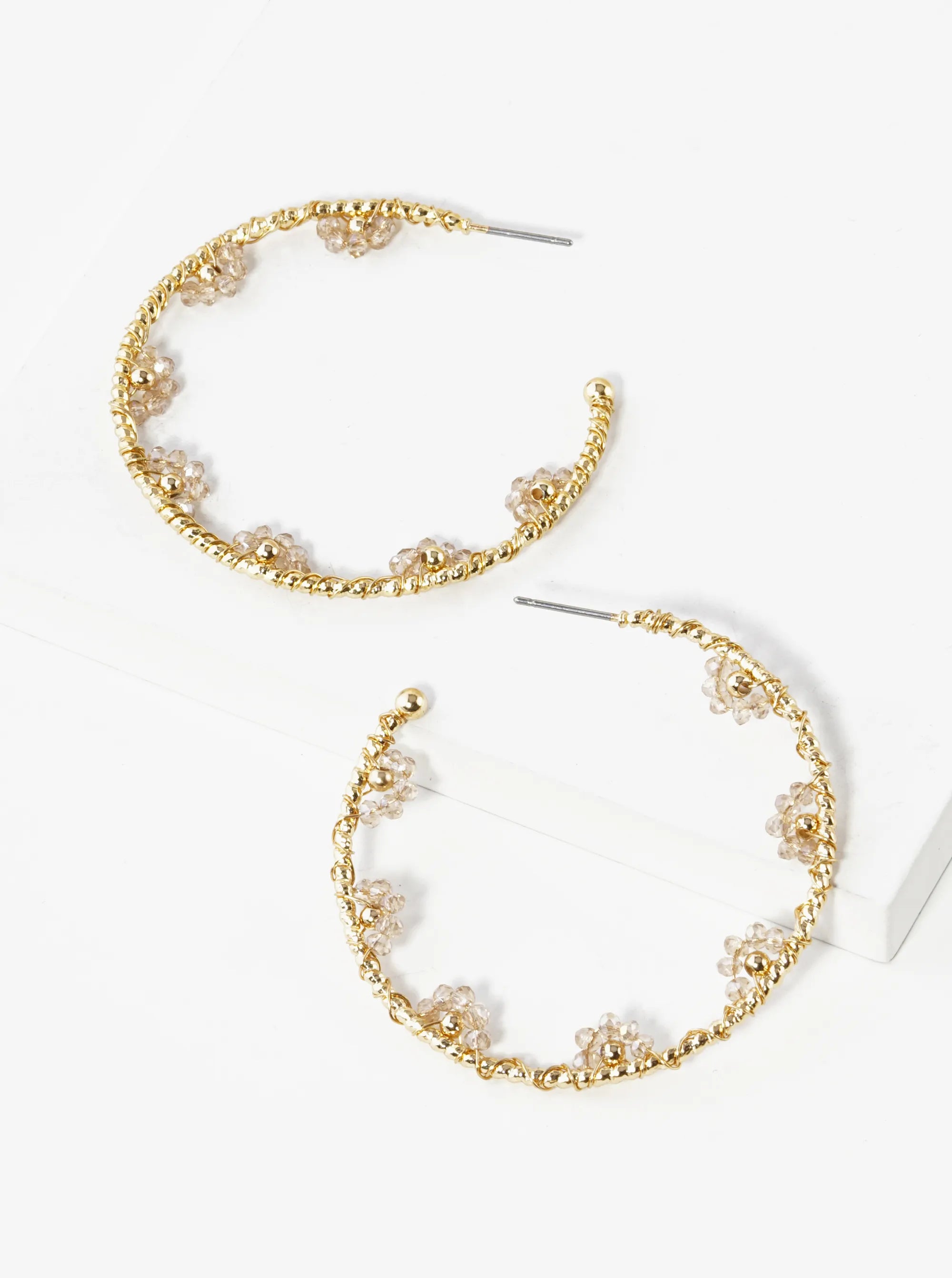 45mm Glass Beads Wired Wrapped Lightweight Open Hoop Earrings