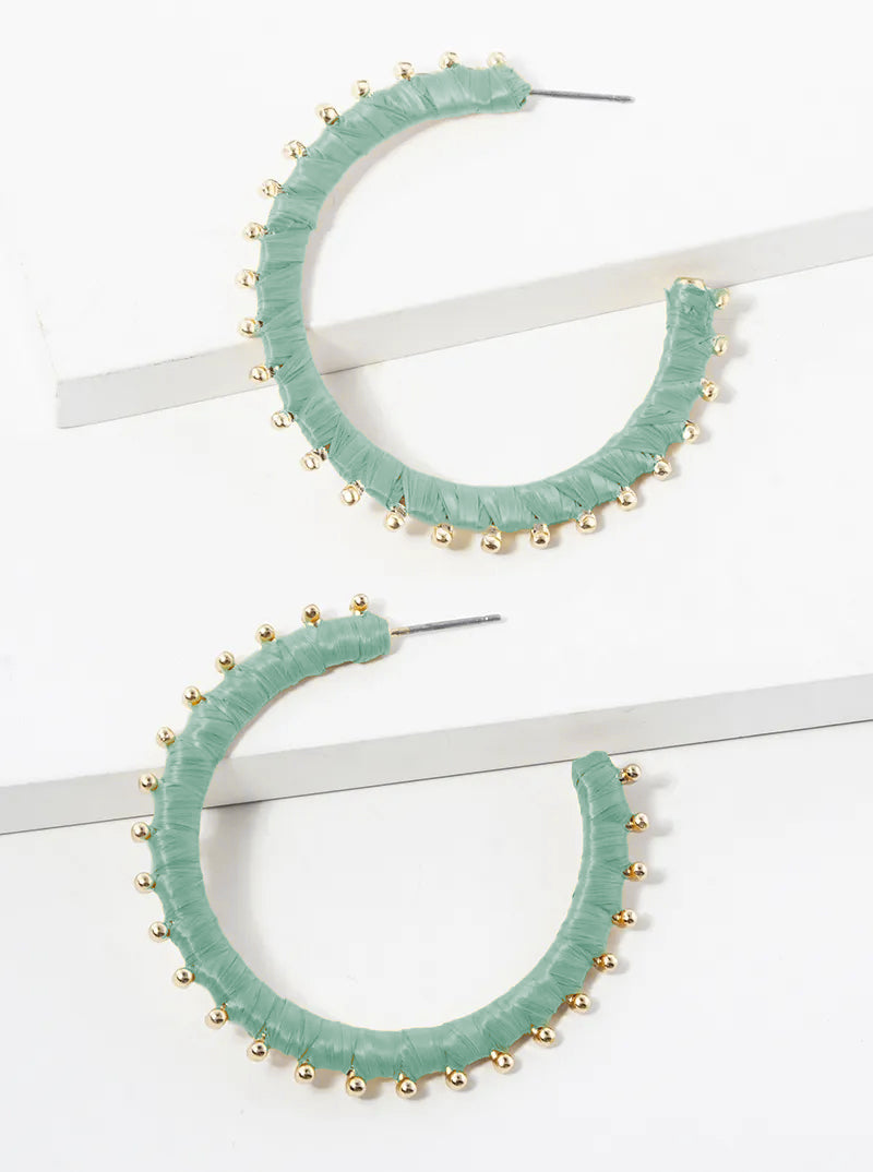45mm Raffia Wrapped Ball Point Open Hoop Earrings