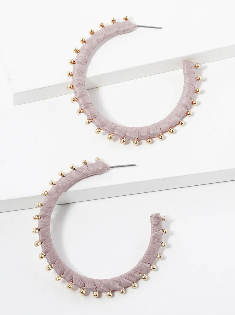 45mm Raffia Wrapped Ball Point Open Hoop Earrings