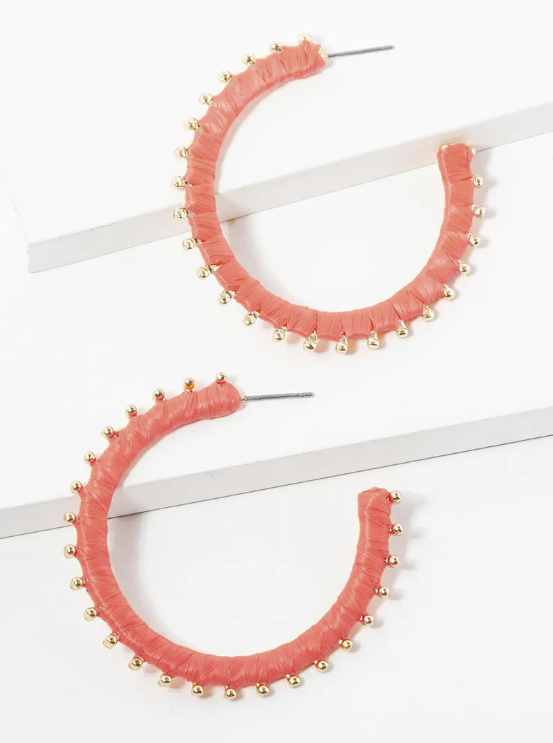 45mm Raffia Wrapped Ball Point Open Hoop Earrings