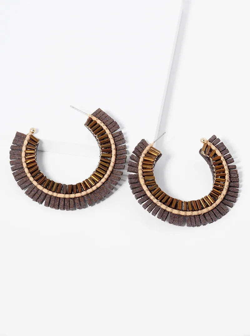 45mm Suede And Beads Round Hoop Earrings