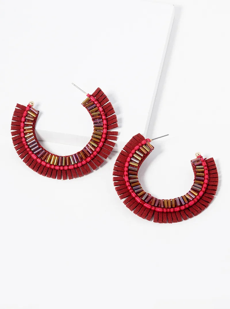 45mm Suede And Beads Round Hoop Earrings