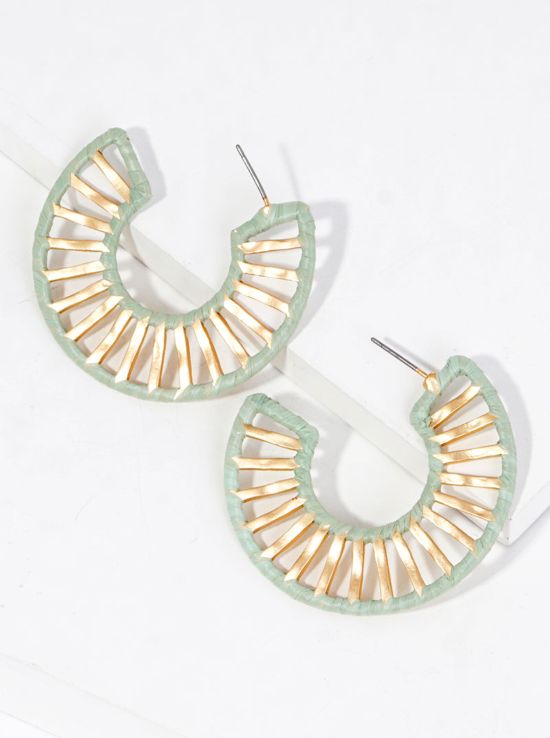 45mm Raffia Wrapped Textured Brass Open Hoop Earrings