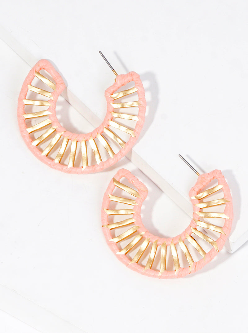 45mm Raffia Wrapped Textured Brass Open Hoop Earrings