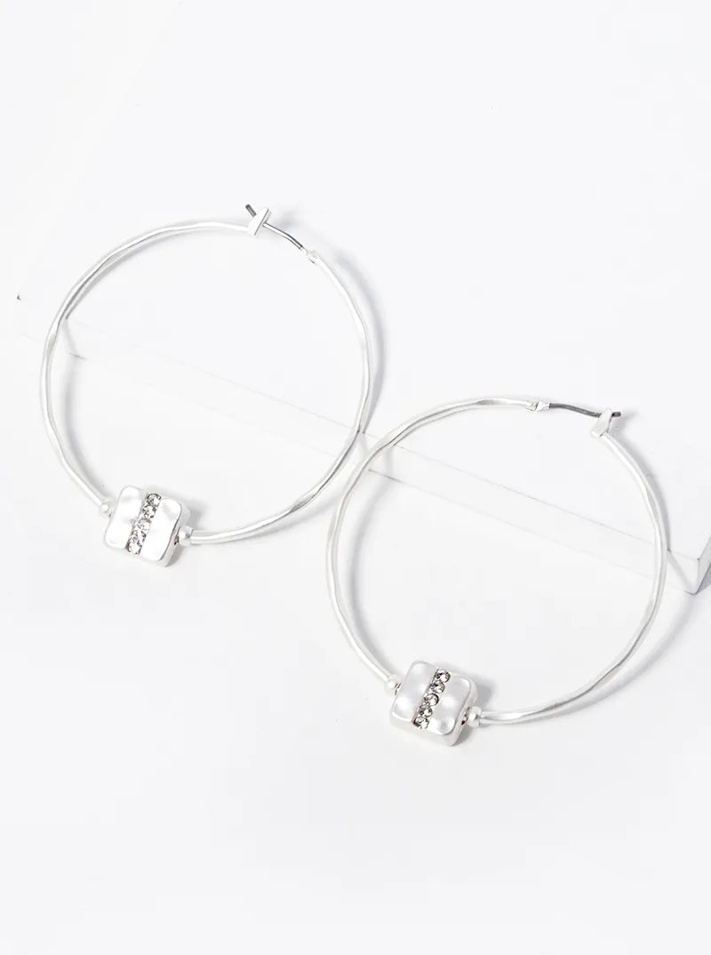 45mm Textured Metal Crystal Pave Square Accent Hinged Hoop Earrings