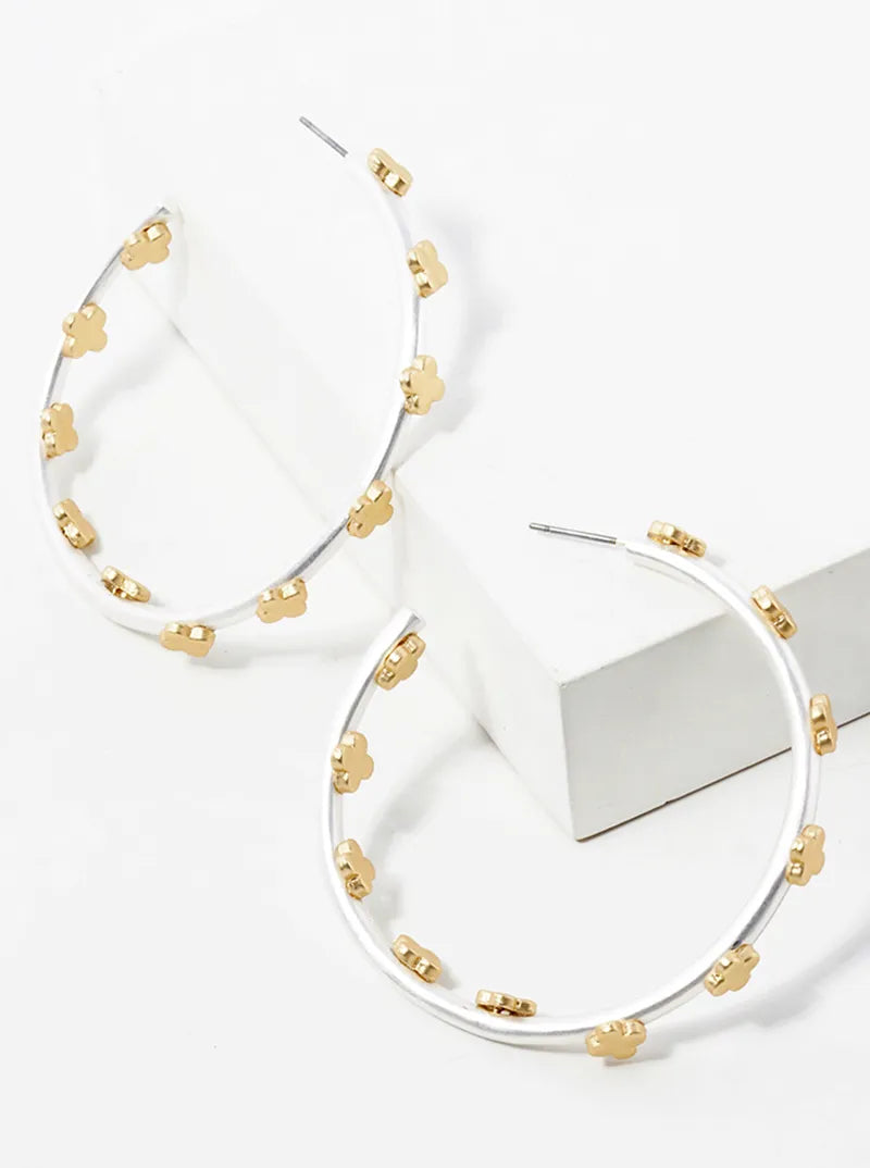 50mm Dual-Tone Metal Quatrefoil Decorated Open Hoop Earrings