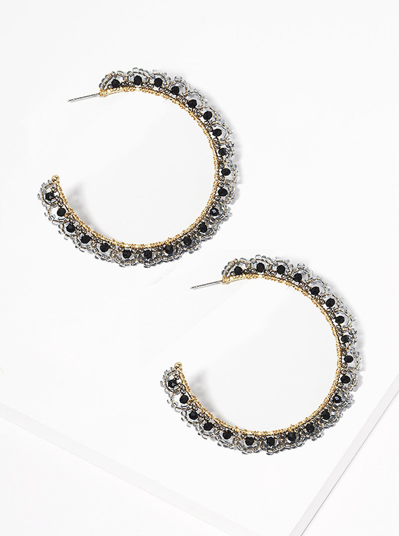 50mm Flower Shape Seed Beaded Open Hoop Earrings