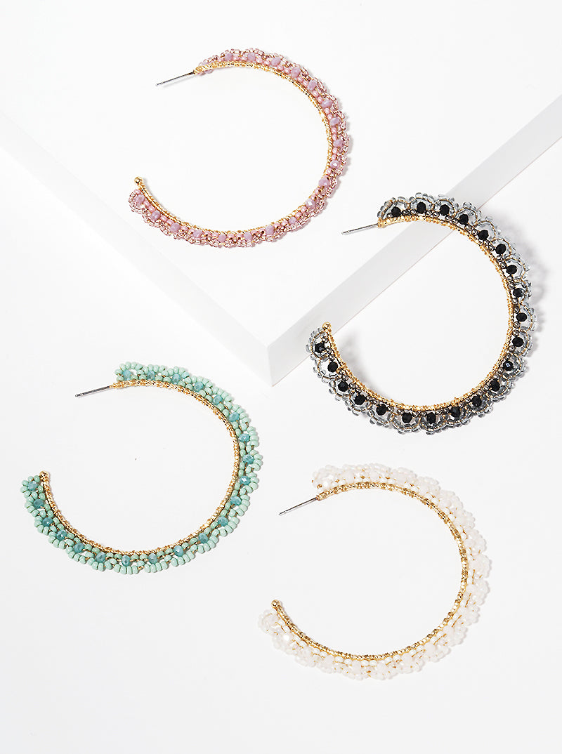 50mm Flower Shape Seed Beaded Open Hoop Earrings