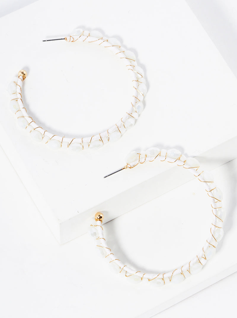 50mm Glass Beaded Raffia Open Hoop Earrings