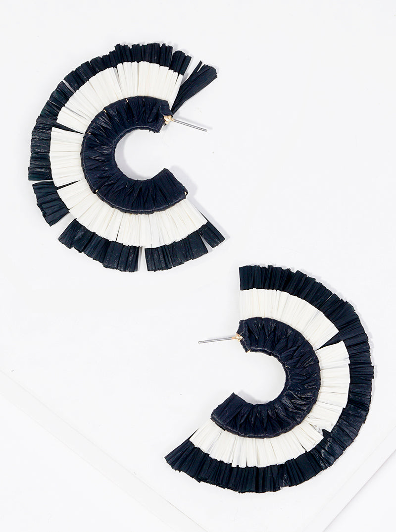 50mm Two Tone Raffia Fan Open Hoop Earrings