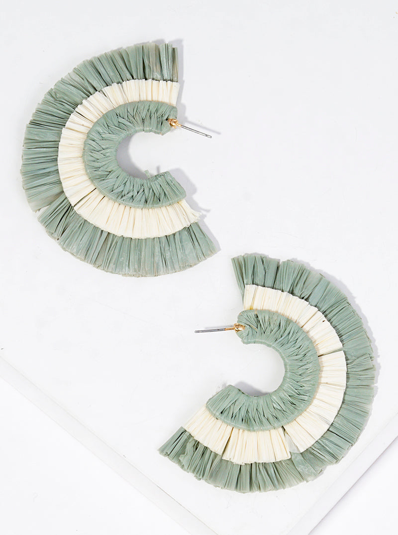 50mm Two Tone Raffia Fan Open Hoop Earrings