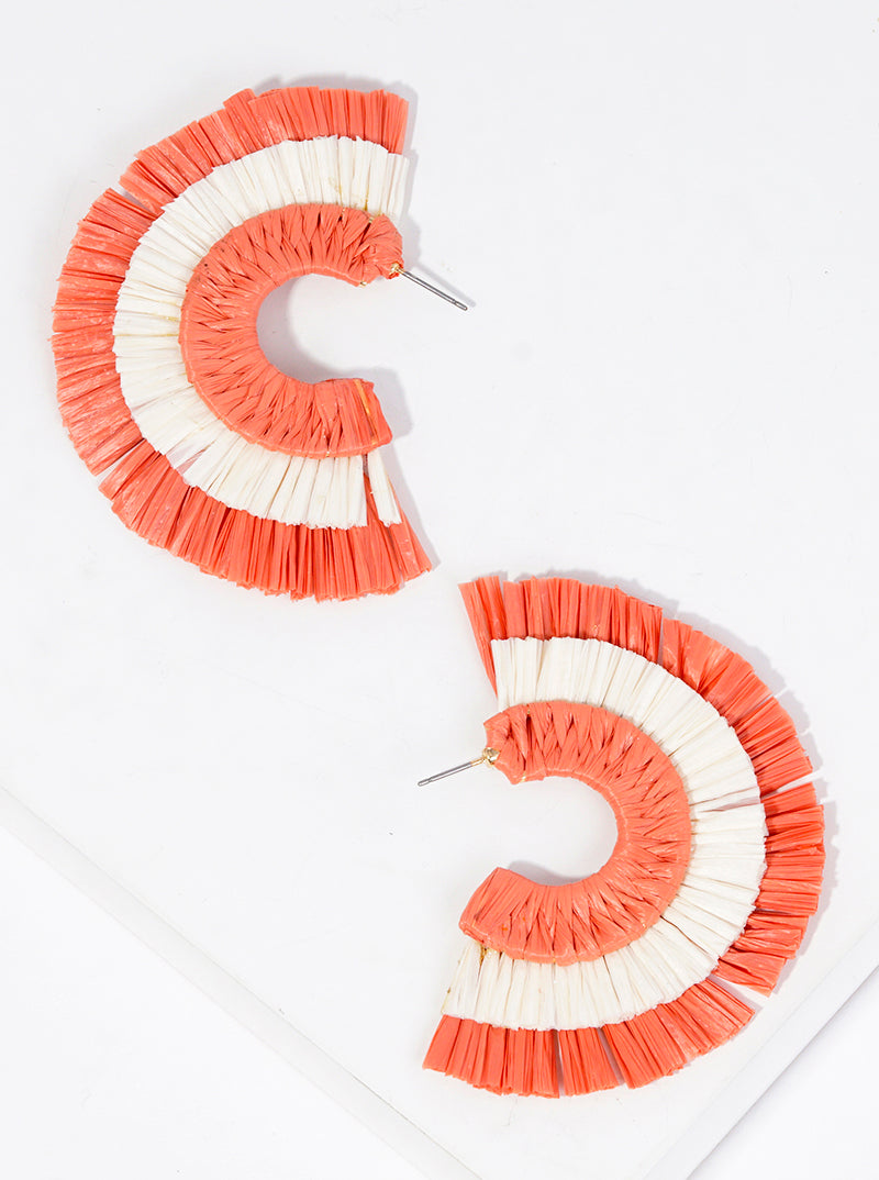 50mm Two Tone Raffia Fan Open Hoop Earrings