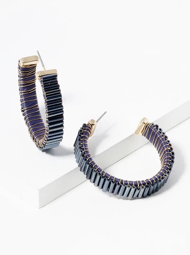 7mm Bugle Beads Wire Wrapped 35mm Open Hoop Earrings