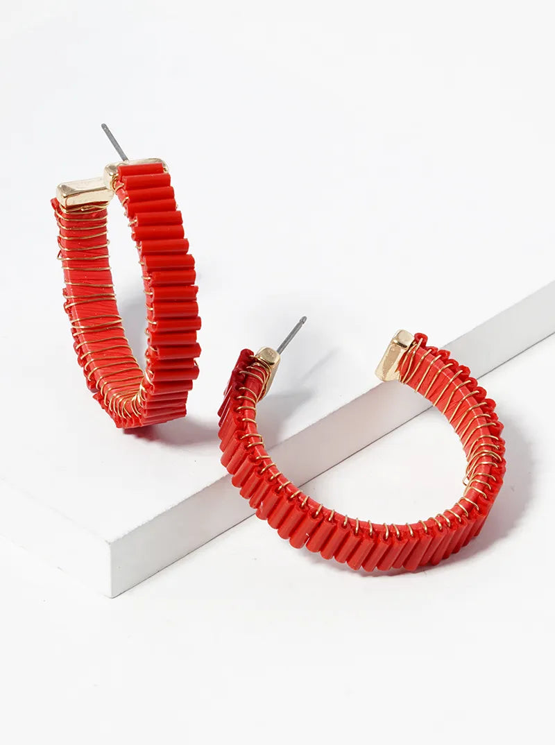 7mm Bugle Beads Wire Wrapped 35mm Open Hoop Earrings