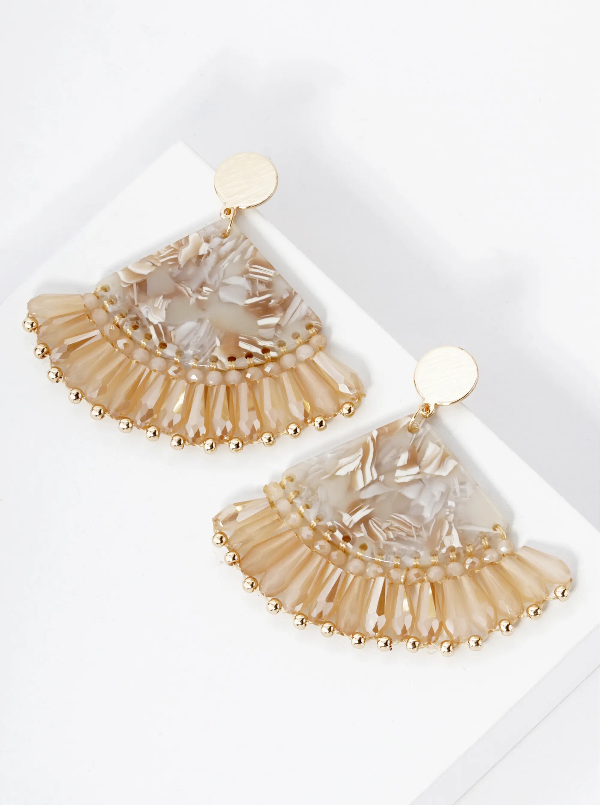 Acetate Fan Fringe Glass Beads Drop Statement Earrings