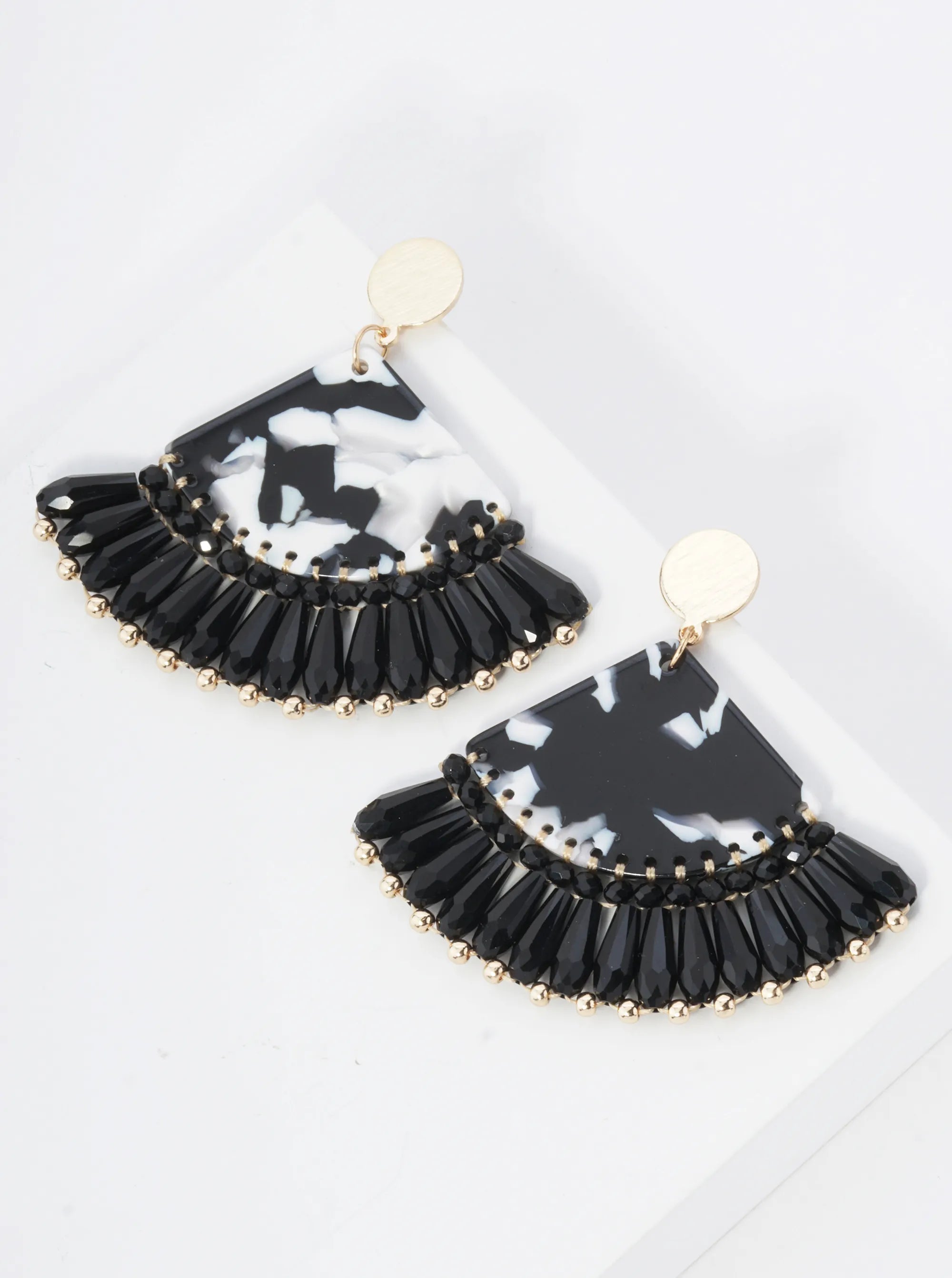 Acetate Fan Fringe Glass Beads Drop Statement Earrings