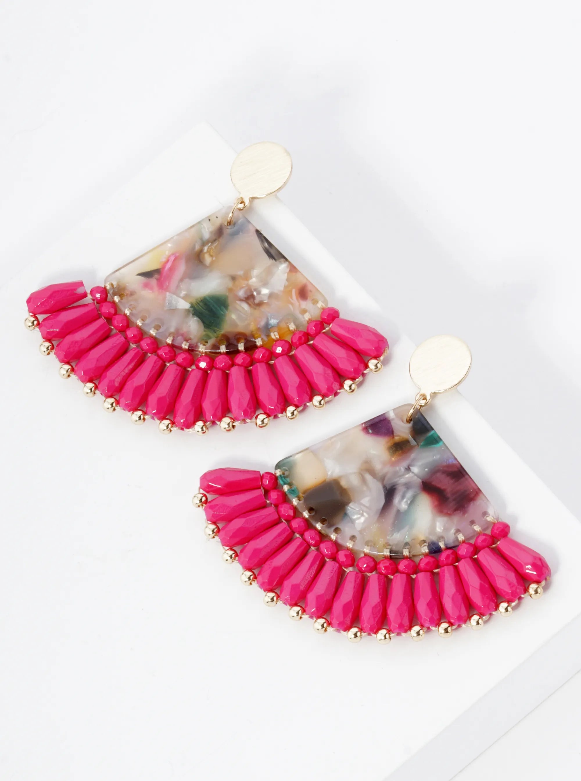 Acetate Fan Fringe Glass Beads Drop Statement Earrings